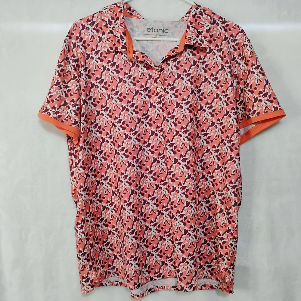 Etonic Womens XXL Golf Polo Shirt Coral Abstract Short Sleeve Floral Stretch Q - Picture 2 of 6